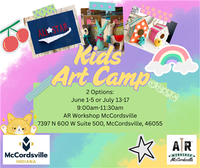 Kids Art Camp promotional listing dates, times, and locations.