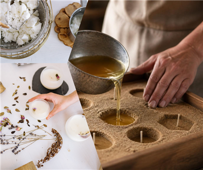 Collage of multiple candle making methods: one with herbs, one melting the wax, and another pouring wax into sand molds