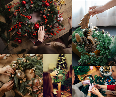 Collage of several photos with people making wreaths
