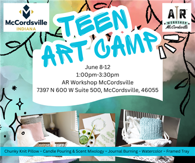 Teen Art Camp promotional listing dates, times, and locations.